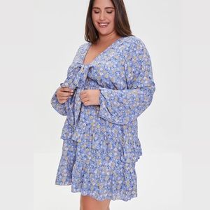 Forever 21+ Blue Yellow Floral Tie Waist Long Sleeve Tiered Ruffle Dress size 0X